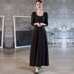 パーティードレス ロングドレス 演奏会 袖あり ドレス 成人式 同窓会 大人 ピアノ 発表会 Aライン 結婚式 ステージドレス 二次会 母親 ウエディング ハワイ XLサイズ 6XLサイズ ブラック 黒 ワンピース 上品 20代 30代 40代 ds076ze