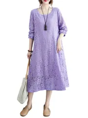 Size:M_Color:パープル [Hanmall] レース ワンピース 7色 長袖 レディース 大きいサイズ 体型カバー カジュアル ゆったり 春夏秋 パーティー ラウンドネック レース ロング フレアワンピース 女性用ファッション