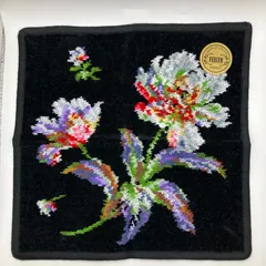 5157　美品　FEILER　フェイラー　ハンカチ　ハンドタオル　 花柄　シュニール織り　ブラック系　黒系　シール付き　 レディース