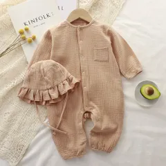 ☆ ライトブラウン ☆ 80cm ☆ ベビー服ロンパース nabrp1990 ベビー服 ロンパース 帽子付き カバーオール オールインワン 前開き ダブルガーゼ 子ども服 子供服 薄手 薄い コットン 長袖 ベビー 赤ちゃん 女の子 男の子