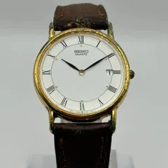 ◎【✨腕時計✨】SEIKO　セイコー　5Y39-7010　希少　アンティーク　ヴィンテージ　クォーツ　電池式　カレンダー　デイト　日付　表示　機能付き　革　レザー　ベルト　バンド　ケース　ステンレス　スチール　金属　メタリック　文字盤　ラウンド　カラー　白