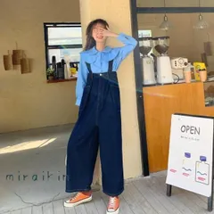 オールインワン サロペット レディース 大きいサイズ オーバーオール デニム ロング ワイドパンツ きれいめ ブルー 体型カバー 着痩せ カジュアル