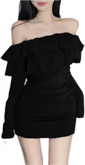 BEYANE キャバドレス ミニ 長袖 肩出し オフショルダー タイト ギャザー ミニドレス ストレッチ フリル ショート丈 ラウンジ クラブ コスプレ 胸元 かわいい(ブラック,  L)