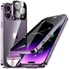 HGUTREY【覗き見防止・自動ポップアップボタン】 iPhone14 Pro Max 用 ケース ロック付き ストラップホール付き 一体型レンズ保護 両面9H強化ガラス iPhone14プロマックスケース 耐衝撃 アルミ バンパー メタルフレーム スマホ 1