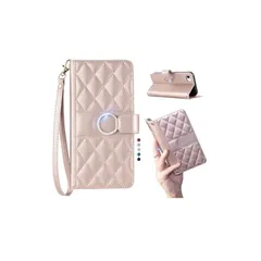 淳一屋 iPhone SE第三世代、iPhone SE第二世代、iPhone 7、iPhone 8 リング付きキルティグレザー調手帳型ケース エレガントでかわいい ストラップ付き 優れるカード収納力 スタンド機能 マグネット開閉 全面保護（ピンク） 0