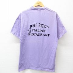 XL/古着 半袖 ビンテージ Tシャツ メンズ 90s イタリアン レストラン フロッキープリント コットン クルーネック 薄紫 パープル 25jul07 中