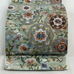 袋帯 逸品 草花 鳥 刺繍 金銀糸 ベージュ 全通 正絹 【中古
