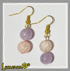 ハンドメイド 翡翠ラベンダーとピンククラッシュガラスビーズピアス no.49