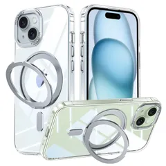 OURJOY スマホケース カバー マット感 アイフォン15 半透明 多機能一体スタンド 米軍規格 隠し収納式 耐衝撃 MagSafe対応 カメラレンズ保護 ケース あいほん15 適用 ワイアレス充電 15 ストラップホール付き・クリア iPhone