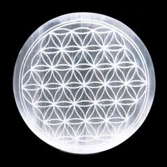 【波動調整済】セレナイト　フラワーオブライフ　丸盤　モロッコ産　古代神聖幾何学　エネルギー　浄化　癒し　生命　彫り物　インテリア　天然石