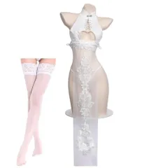 [MORApink] コスプレ チャイナ 服 ドレス ワンピース セクシー エッチ 可愛い エナメル 光沢 ホワイト シースルー 透け透け ランジェリー 過激 下着 ストッキング セット メイド (ホワイト) [ホワイト]