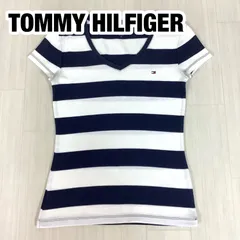 TOMMY HILFIGER トミーヒルフィガー Vネック 太ボーダー 半袖Tシャツ S ネイビー× ホワイト ワンポイント 刺繍ロゴ フレンチスリーブ 着丈58.5cm 肩幅39.5cm 身幅(脇下)39cm 袖丈12cm【古着】
