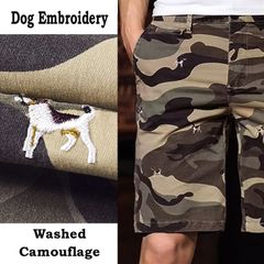 ハーフパンツ イヌ刺繍 愛犬 カモフラージュ柄 ハーフパンツ 迷彩 アーミー カーキ ミリタリー ショートパンツ 短パン モード ユニセックス ロック パンク ファッション ストリート ミドル シニア エージ 大人 40代 50代 60代 涼しい 夏コーデ