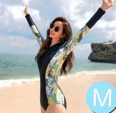 レディース水着 長袖 サイド花柄 オールインワン スイムウェア 体型カバー M ラッシュガード スポーツ