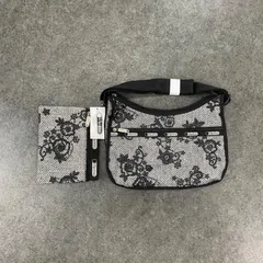 O1 新品 未使用 2点セット LeSportsac レスポートサック ショルダーバッグ ポーチ付き カバン クラシックホーボー ヘリンボーン 花柄 総柄 タグ付き グレー/ブラック