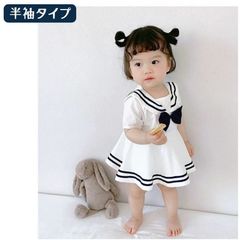 무료 배송 반팔 세일러 스타일 아기 옷 소녀 롬퍼스 원피스 귀여운 외출 봄 여름 신생아 한국 어린이 옷 스커트 포함 66cm 73cm 80cm 90cm