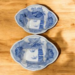 2客揃え 変形皿 染付 手描き 草花文 花形皿 骨董 明治期 希少 和食器 直径12.5cm