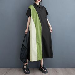 モード系  配色  個性派 斜めのライン トリコロール  ゆったり  ポロ襟  ステッチデザイン   ハーフボタン 夏　グリーン系  ハーフスリーブ   Aライン  ロングシャツドレス