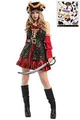 M [マドルガーダ 女海賊 パイレーツ ガール 海賊 ドレス フリル コスプレ コスチューム ハロウィン タトゥーシール付き 2点セット レディース Mサイズ S736 (Mサイズ)