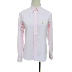 中古 ラルフローレン RALPH LAUREN SLIM FIT 長袖 ボタンダウン シャツブラウス クリーニング済み ピンク ストライプ柄 レディース サイズ7
