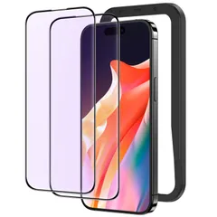 【在庫セール】NSP23H724 2枚セット対応 ガイド枠付き 貼付け簡単 フィルム 強化ガラス 黒縁あり 目の疲れ軽減 ガラスフィルム 全面保護 iPhone15Plus用 ブルーライトカット NIMASO