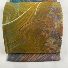 袋帯 秀品 桜 幾何学 箔 金糸 黄土色 六通 正絹 【中古】