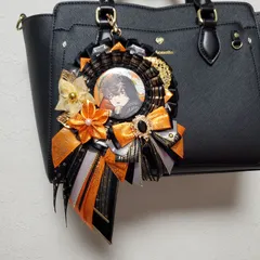 【オーダー】 痛ロゼット 黒 ×オレンジ色 × シルバー 痛バ　花　リボン　カラー変更無料
