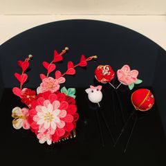 つまみ細工　七五三  髪飾り　赤系　ピンク系