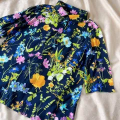ボタニカルプリントシャツブラウス　半袖ポロシャツ　ネイビー　M〜L 接触冷感　花柄　快適