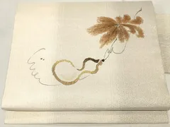 平和屋着物●九寸名古屋帯　柿渋染　手描き　瓢箪枝葉文　金糸　正絹　逸品　CAAV5230yk