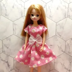 リカちゃん服 ワンピース ピンク チェック 花 マーガレット リボン(白)