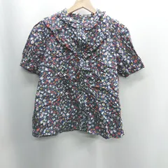 ◇ ⊂ POU DOU DOU プードゥドゥ ネック周辺にフリルあり 小花柄 半袖 ブラウス サイズ M ネイビー系 レディース E  【1410290040928】