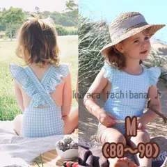 水着 キッズ 女の子 子供用 おしゃれ 帽子 チェック ワンピース プール かわいい 水色 ブルー フリル 1歳 2歳 3歳 80 90 M