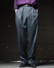 2tuck wide-straight slacks wool blend 90s 00s 2タック ウール混 ポリエステル ワイド とろみ スラックス ダブル W34 光沢 グレー