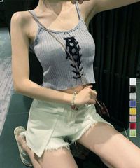 【韓国系 ファッション DAZ】 キャミソール レースアップ リブニット夏