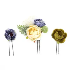 髪飾り 成人式 振袖 前撮り 袴 3点セット 花 青 紫 緑 オフホワイト かすみ草 リーフ 葉 Uピン スモーキーカラー シック 小さ No.9-5155