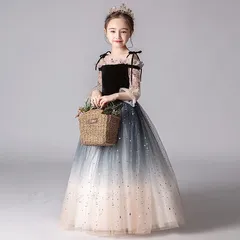 子供 長袖 キラキラー 発表会 ピアノ フォーマル キッズ チュールワンピース ふんわり感 ロングワンピース 女の子 フレアワンピース キラキラ ジュニア 結婚式 お誕生日 写真 プレゼント