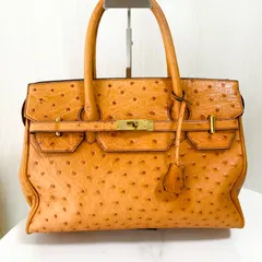 オーストリッチ JRA認証 オレンジ　エキゾチック レザー フルポイント フォーマル ハンドバッグ スクエアバッグ 南京錠 鍵付き