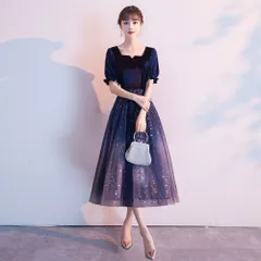 ☆ Bネイビー ☆ Mサイズ ☆ パーティドレス カクテルドレス ベロア素材 ドレス 大人 ピアノ 発表会 シンプル パーティドレス パーティードレス カラードレス カクテルドレス お呼ばれドレス 演奏会 結婚式 二次会 袖あり 袖付き 成人式 同窓会