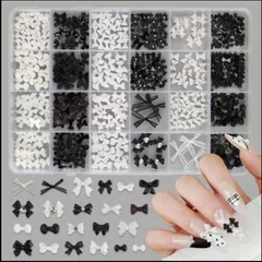 数量限定⑨　ネイルパーツ　リボン　白　黒　セット　ケース入り