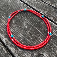 ビーズネックレス  赤 ターコイズ 60cm メンズ ネックレス レディース