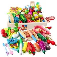 Button Moon おままごとセット 木製おもちゃ モンテッソーリ 46PCS キッチン玩具 食品衛生法検査済 切る遊び 大きい木箱付き お肉＆