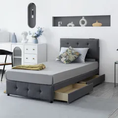 【Sシングル】 ファブリックベッド ベッドフレームのみ 引き出し付き シングルベッド 布貼りベッド 木製 アイアン 大人用 組立簡単 下収納 すのこベッド 北欧風 おしゃれ マットレスは別売り