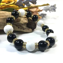 オニキス&ハウライト パワーストーン ブレスレット 12mm （ゴールド）メンズ・レディース　男性・女性　数珠ブレス　開運  [1] 
