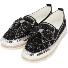 ☆ ブラック ☆ 36(22.5cm) ☆ スリッポン ローファー レディース 靴 pmysr001 大人 厚底 スリッポン スニーカー 靴 くつ シューズ インヒール フラットシューズ おしゃれ レディース スパンコール リボン サイドゴア