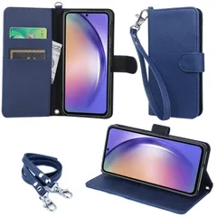 ストラップ (カードホルダー/スタンド機能付) 牛革PUレザー (ダークブルー) スマホケース 2種付き 手帳型 対応 SCG21 SC-53D (ハンドストラップ/ネックストラップ) 5G A54 Galaxy wisers