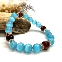 キャッツアイ(ライトブルー)×レッドタイガーアイ パワーストーン ブレスレット  (シルバー) メンズ・レディース　男性・女性　数珠ブレス 開運 [23]