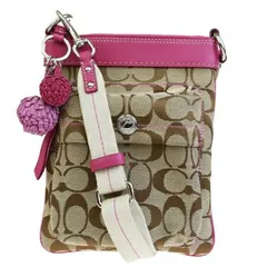 【中古】 外美品 コーチ COACH シグネチャー 斜め掛け ショルダーバッグ ポシェット ブラウン ピンク キャンバス レザー 7082 08HD921