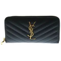 SAINT LAURENT PARIS (サンローランパリ) YSLロゴ カサンドラ Vライン グレインレザー ラウンドジップ ロングウォレット 財布 ブラック/ゴールド 358094