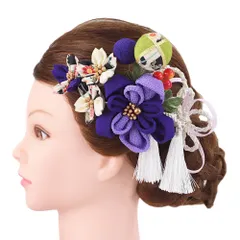 髪飾り 成人式 つまみ細工 振袖 前撮り 袴 花 3点セット 紫 ピンク 白 ゴールド ちりめん 房 房付き 玉飾り かんざし 日本製 No.9-5125